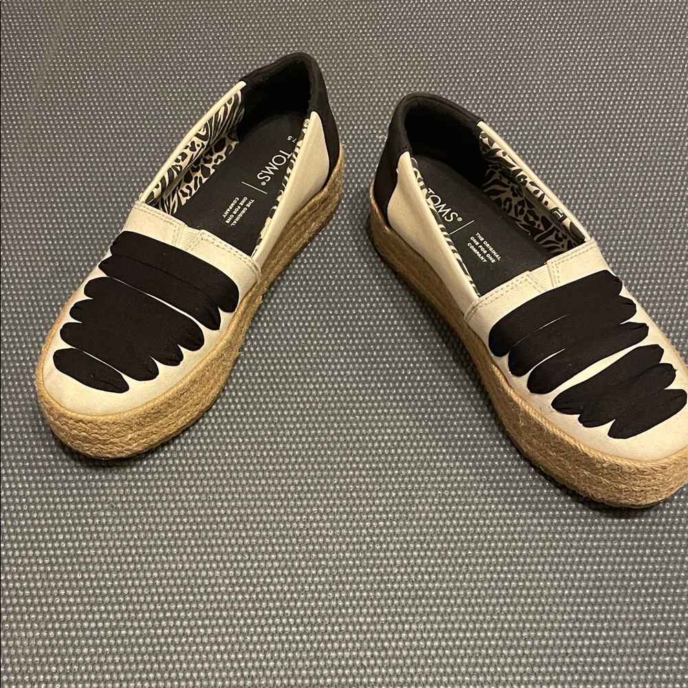 Toms Black and Cream Espadrille Platform Slip-Ons